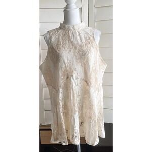 Boho Lace Women Tunic Top 2X Cottagecore Romantic Sheer Peplum Blouse Ivory Mock